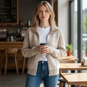Kenji Natural Full Zip Cardigan Womens L Beige Brown Cotton Ribbed Knit Sweater
